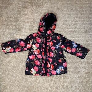 Rothschild hooded ruffled black floral puffer jacket/coat
